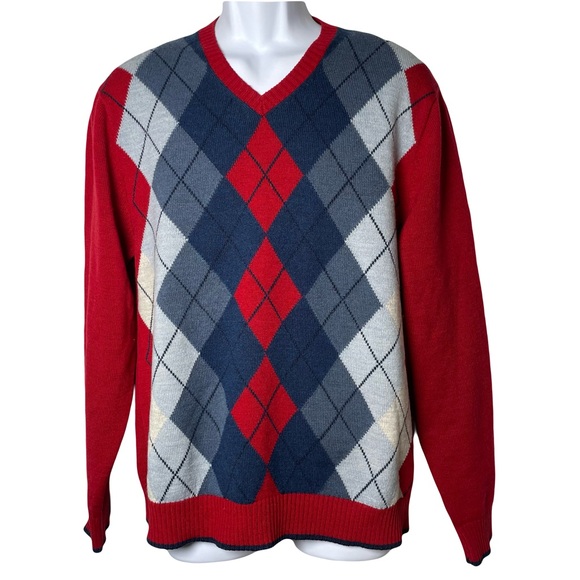 Vintage Cellini Men's Red&Blue Argyle Wool Blend Sweater Preppy Grandpa Academia - Picture 1 of 8